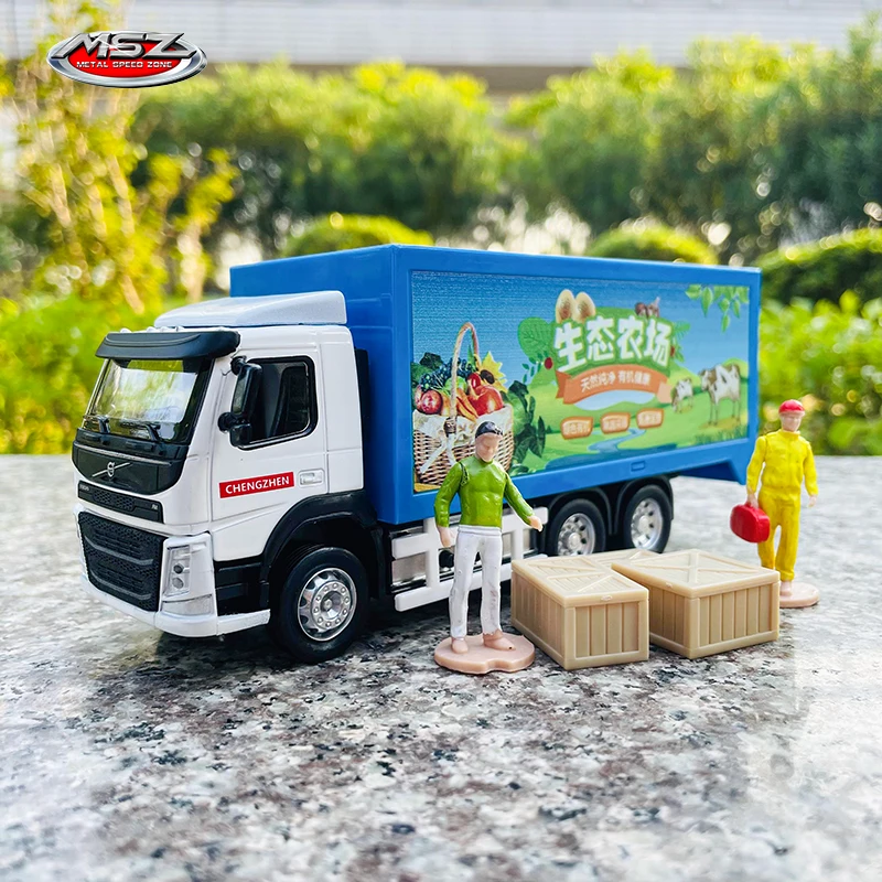 

MSZ 1:50 Volvo box truck model toy container truck alloy children's gift collection gift with doll With light pull back function