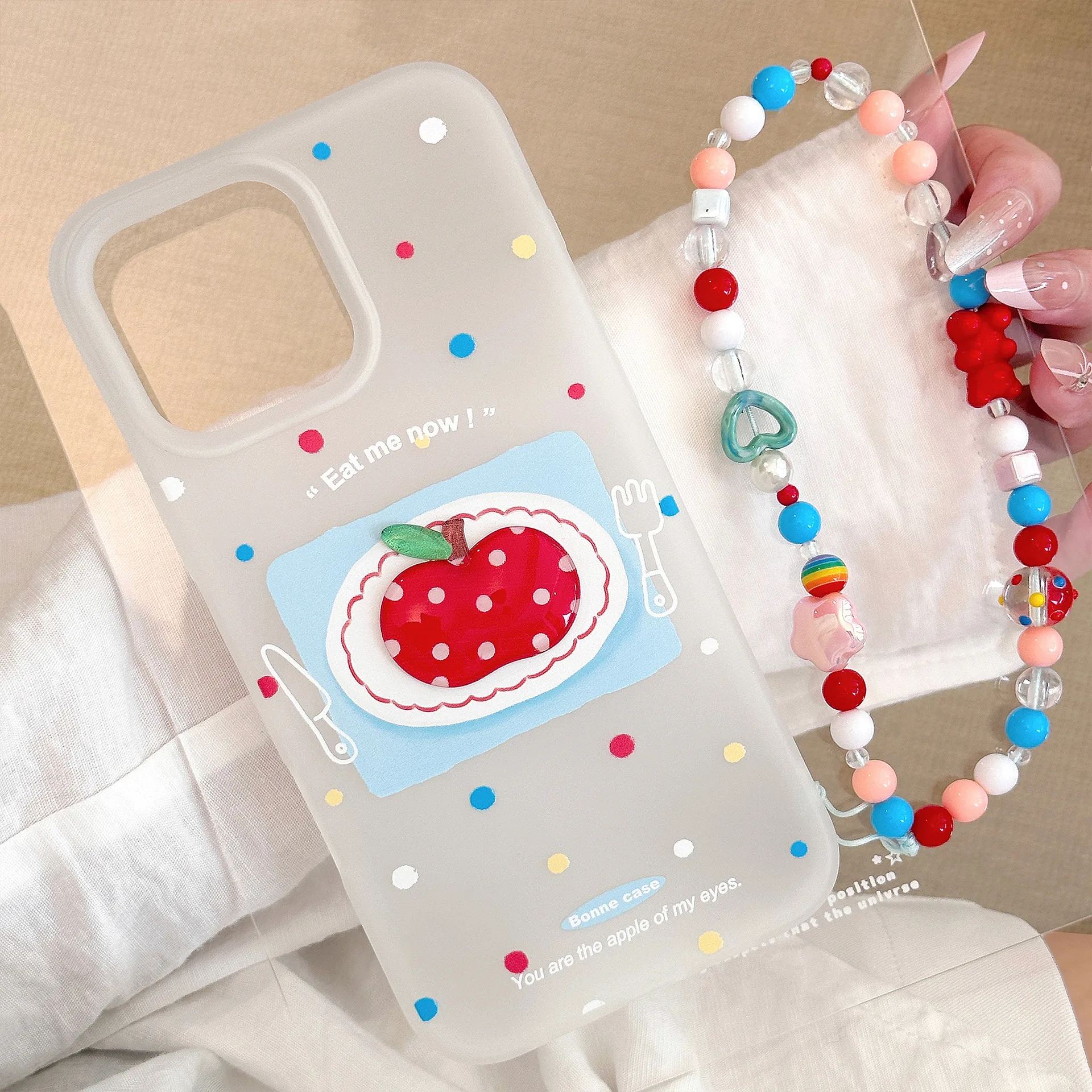 Korean Colorful Polka Dots 3D Cartoon Red Apple With Chain Phone Case for iPhone 17 16 15 14 13 12 Pro Max Shockproof Soft Cover view 6