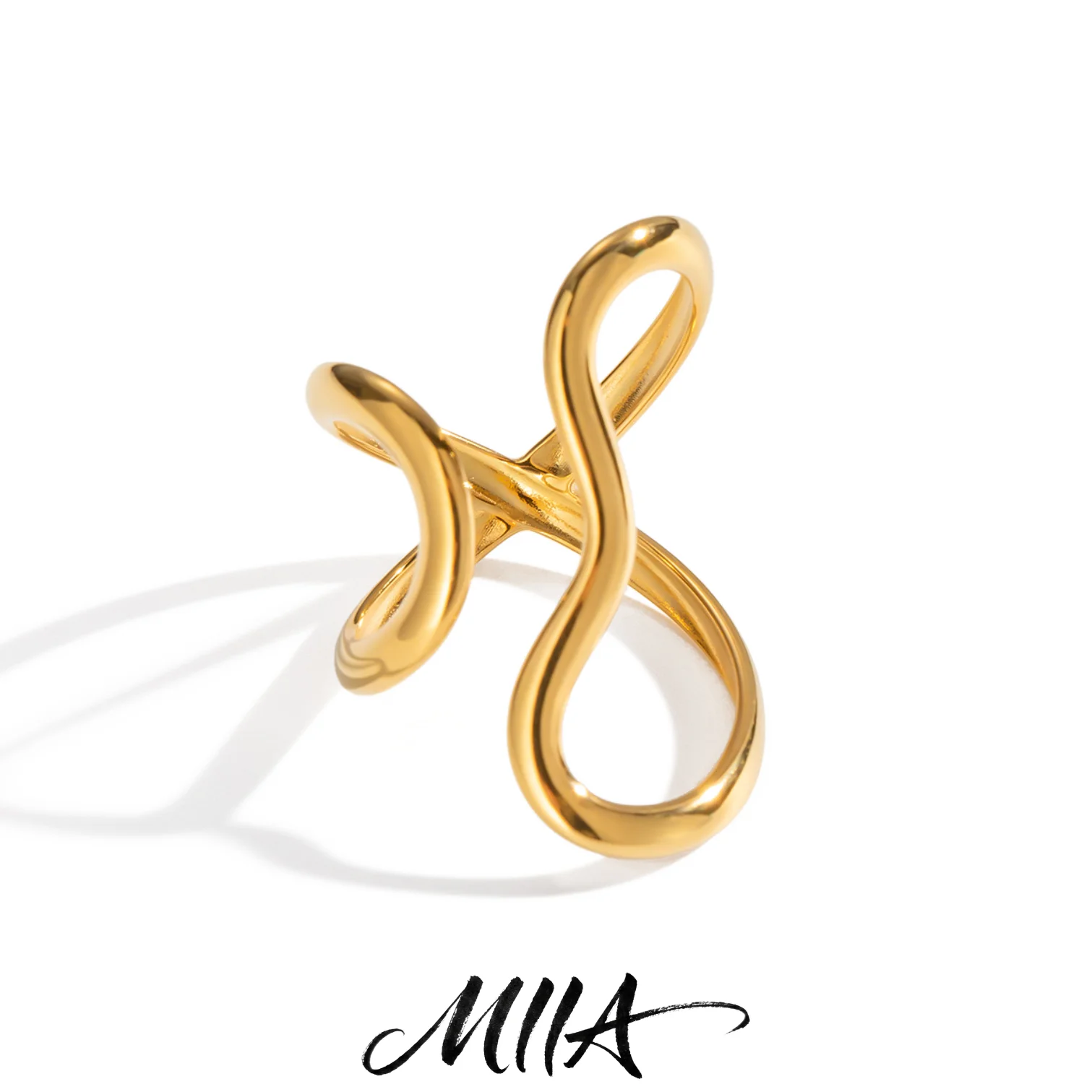 Miia Hot 18K Gold PVD Plated Stainless Steel Metal Wava Line Open Adjustabl Rings for Women Charm Daily Fashion Finger Jewelry