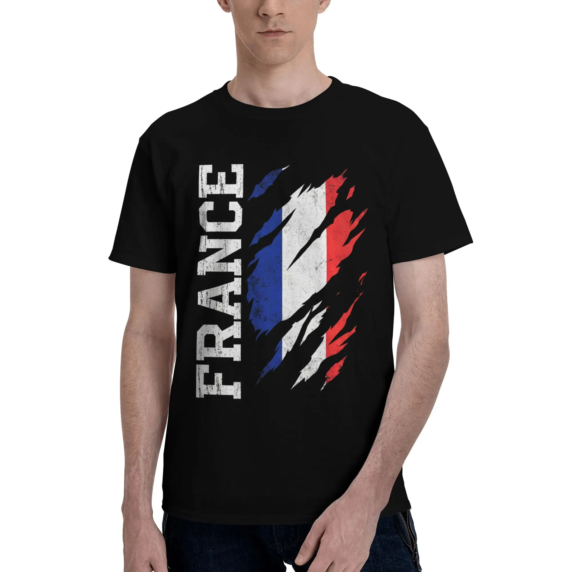 Pride Ripped Claw Mark Flag Graphic 100% Cotton T-Shirt France Flag Tees Tops For Men