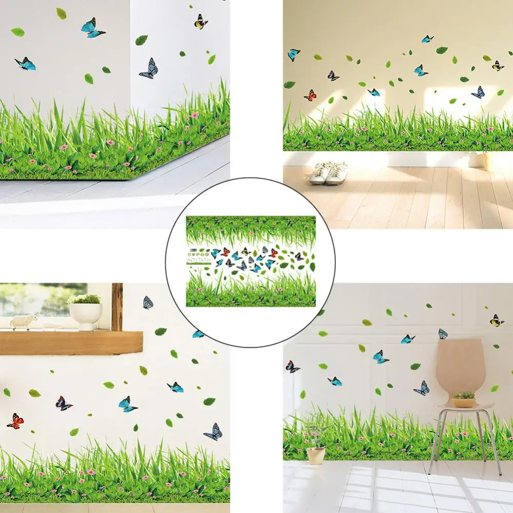 50*70cm Green Grass Butterfly Flowers Baseboard PVC Wall Sticker Kids Room Colorful Background Removable Mural Home Decal Decor