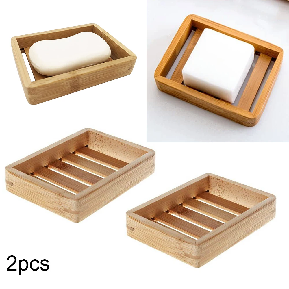 2pcs Natural Wooden Bamboo Soap Dish Tray Holder Storage Soap Rack Plate Drain Box Portable Bathroom Soap Dish Storage Box