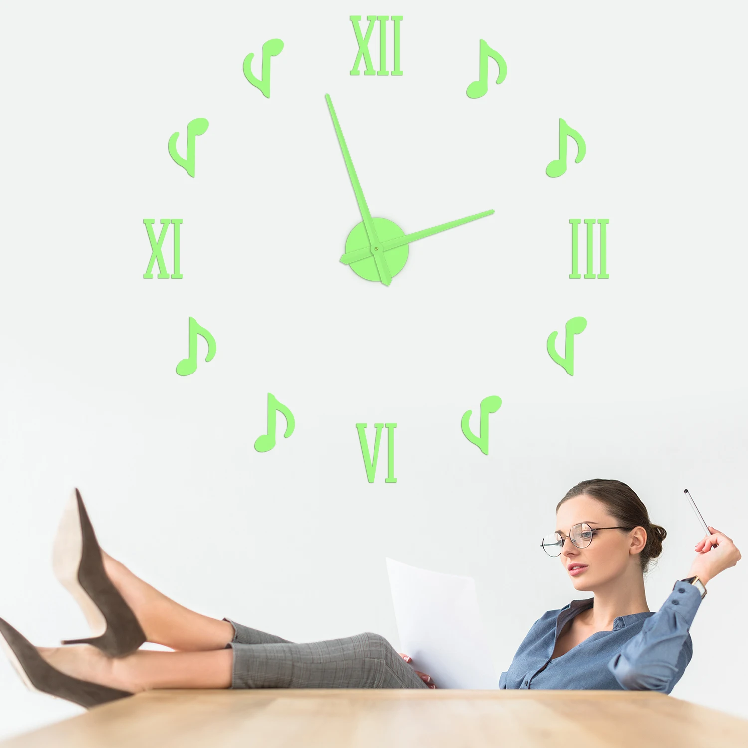 Roman Numeral Music Note Glow In The Dark DIY Wall Clock Self‑Adhesive Stickers Custom Size Wall Clock for Music Room Home Decor