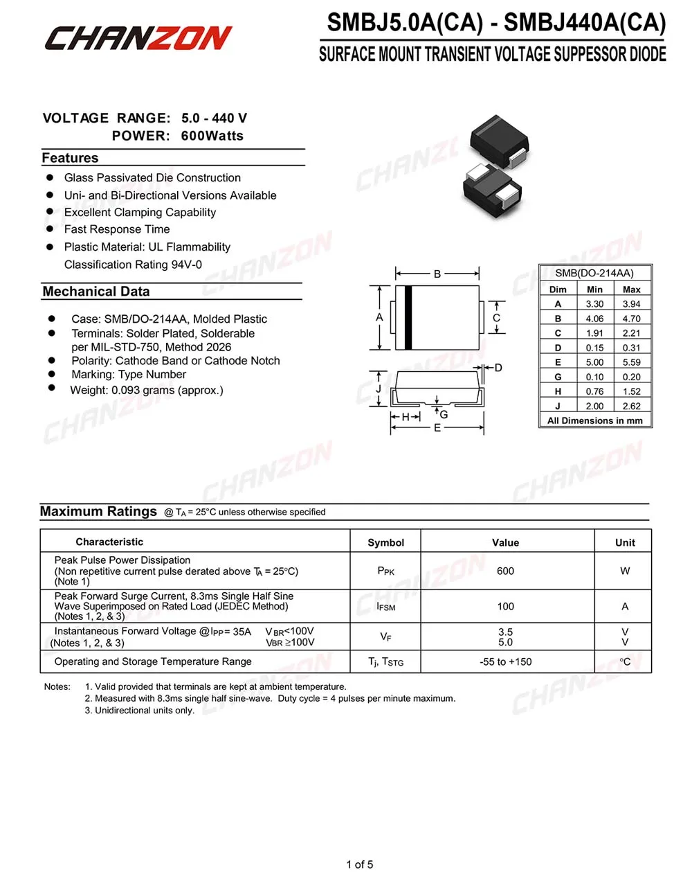 50 Pcs SMD TVS Diodes SMBJ18CA SMBJ18 600W 18V SMB DO-214AA Bidirectional Channel 600 Watt 18 Volt