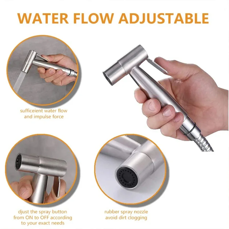 Stainless Steel Bidet Sprayer Handheld Toilet Sprayer with 1.5M Spring Hose & No Drill Holder, High Pressure Bathroom Shattaf