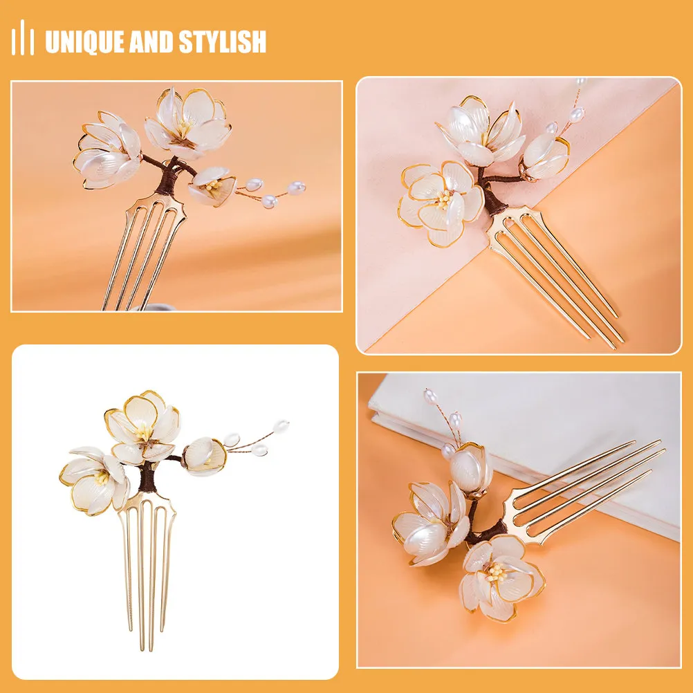 4 Prong Hairpin Chinese Style Hair Side Comb Vintage Lotus Flower Insert Comb Hanfu Traditional Asian Hair Accessories