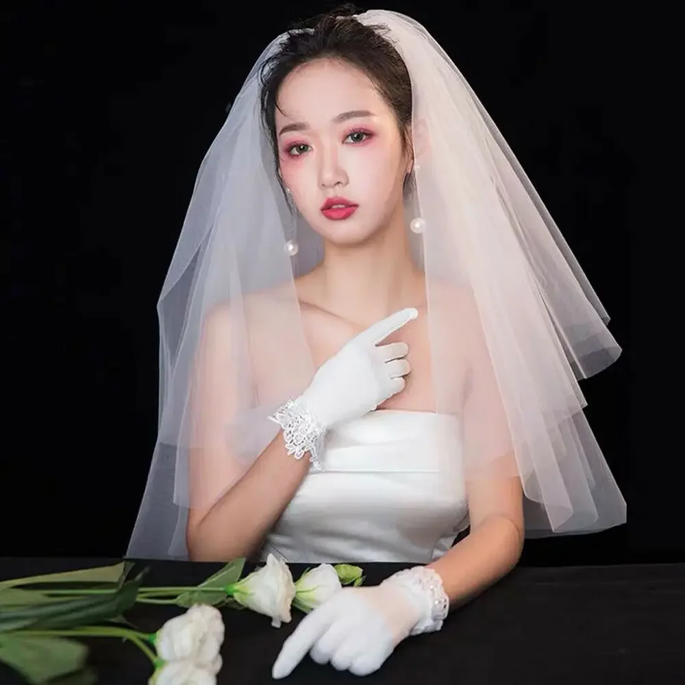 

2 Tier Short Wedding Veil with Comb Mesh White Fingertip Veil Bridal Accessories