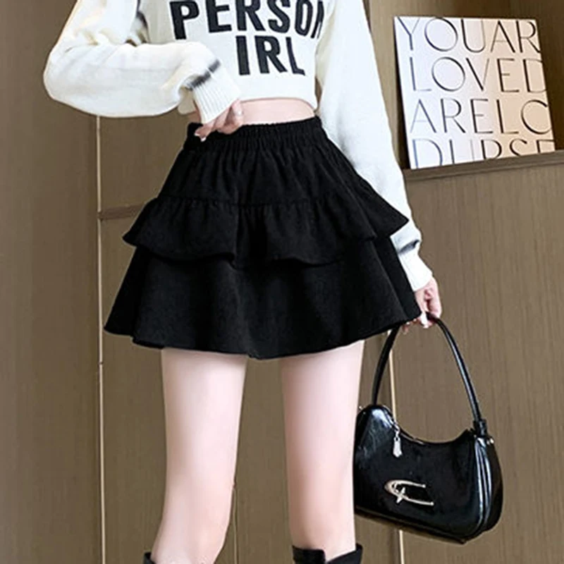 Mini jupe en velours côtelé pour femmes, à volants coréens, taille haute, ligne A, mode printemps, couleur unie, tout assorti, nouvelle robe de bal, jupe pour dames, nouvelle collection