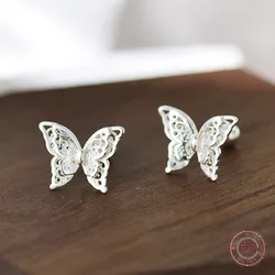 925 Sterling Silver Butterfly Insect Stud Earrings for Women Cute Double Layer Hollow Ear Bone Nail Fashion Jewelry Wholesale