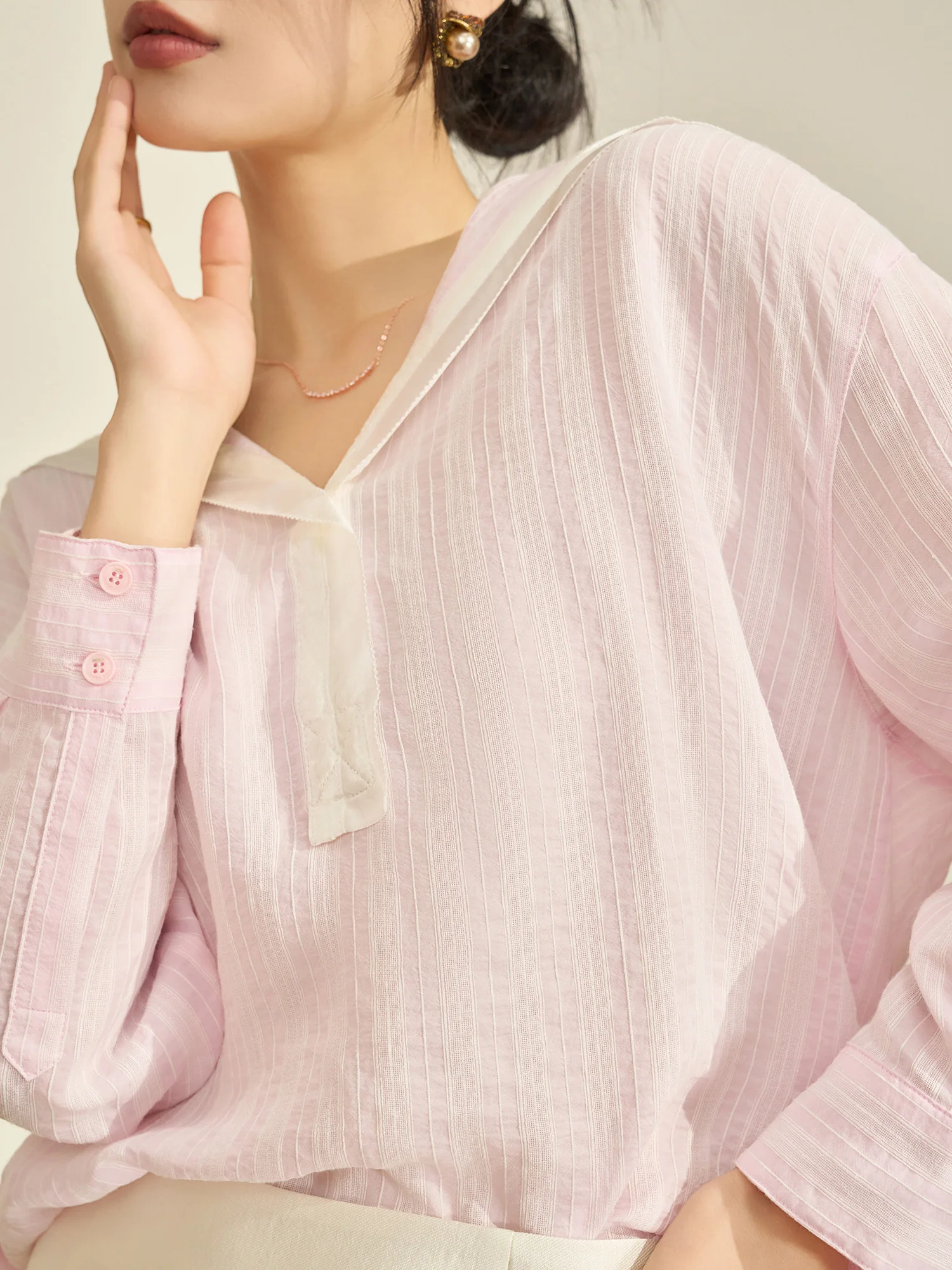 

Pink Naval Collar Long Sve irt for Women Anti-Aging Spring Faion Design Casual Comfortable Breathable Polyester Fiber