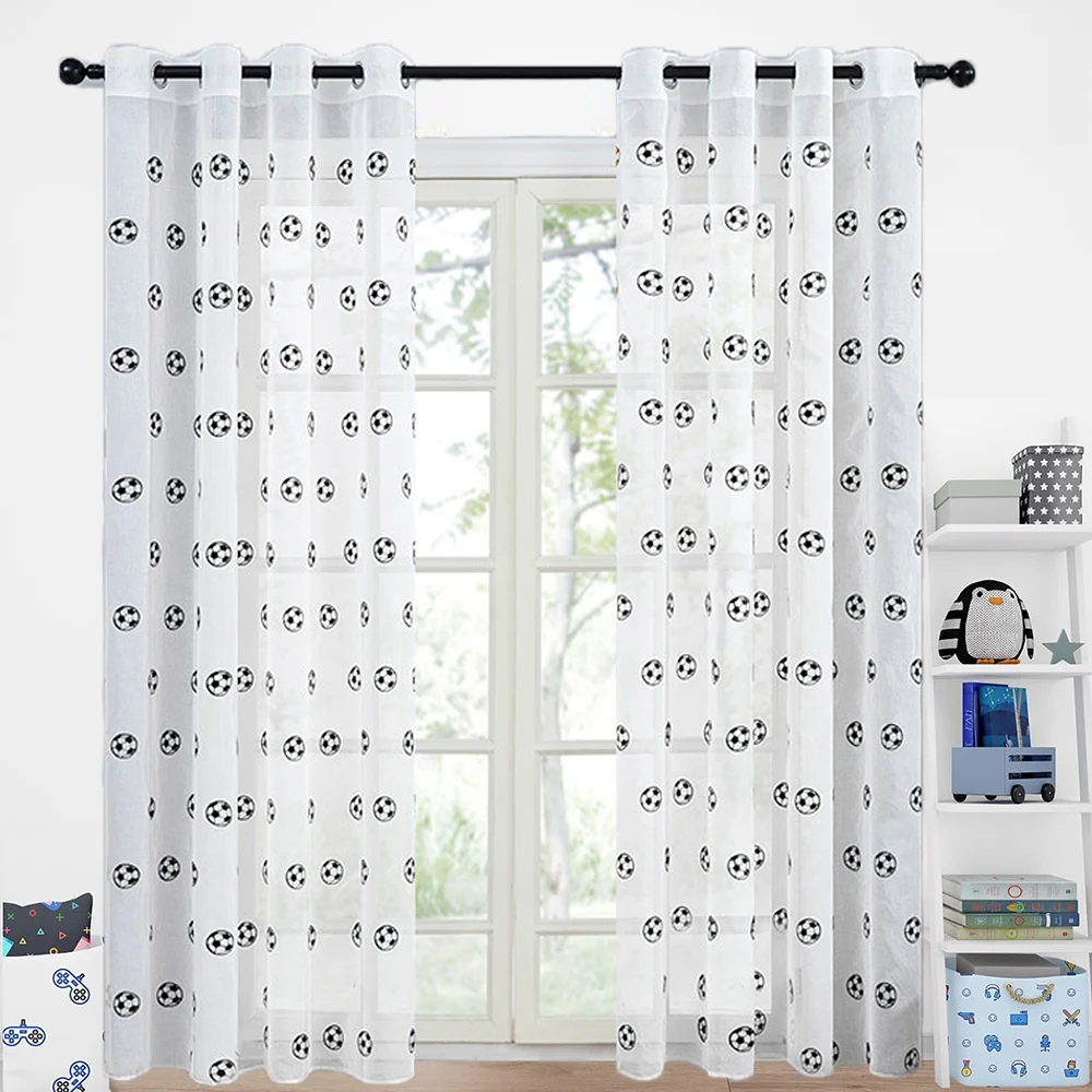 Black Soccer Ball Embroider Sheer Curtain Kids Bedroom Window Drapes Tulle Sports Themed Home Decor for Boys Living Room