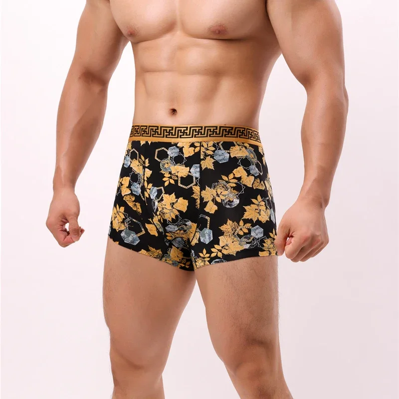 Heren Boxers Ondergoed Zacht Nylon Boxer Sexy Dunne Trend Jeugd Blad Gedrukt Heren Boxershorts Onderbroek Homewear