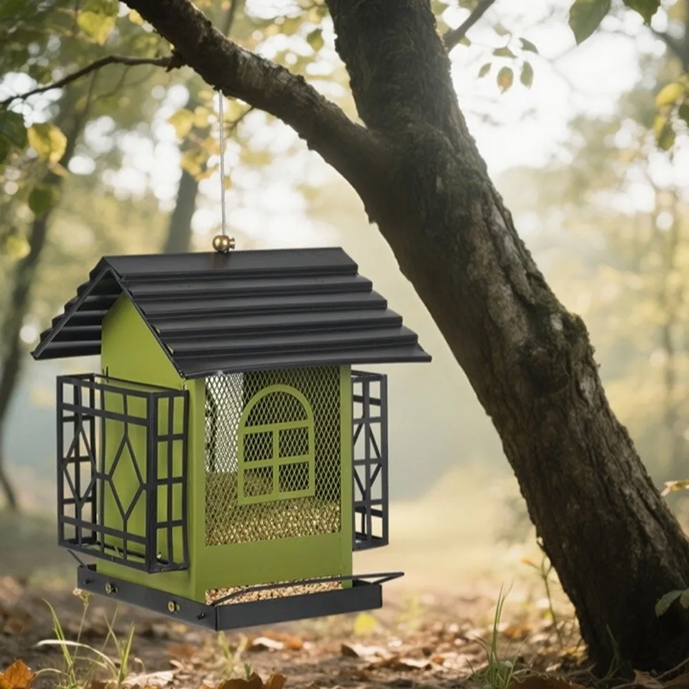 

Large Capacity Hanging Bird Feeder Weatherproof Squirrel Proof Parrot Feeding Station Rustproof House Shape Bird Rest Platform