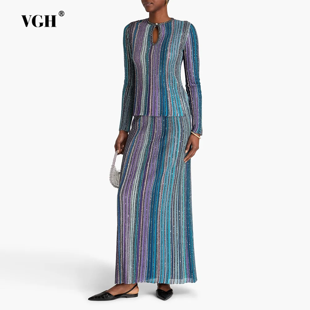 VGH Elegant Stylish Striped Knit Two Piece Set for Women Slimming Long Sleeve Pullovers Pleated Skirt Outfit for Cocktail Events