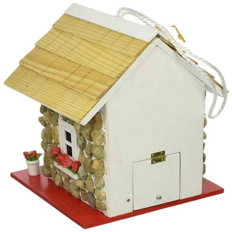 Mini Cottage Hanging Bird House for Outside with Rope Similation Wooden Decorative Bird Feeder House for Hummingbirds