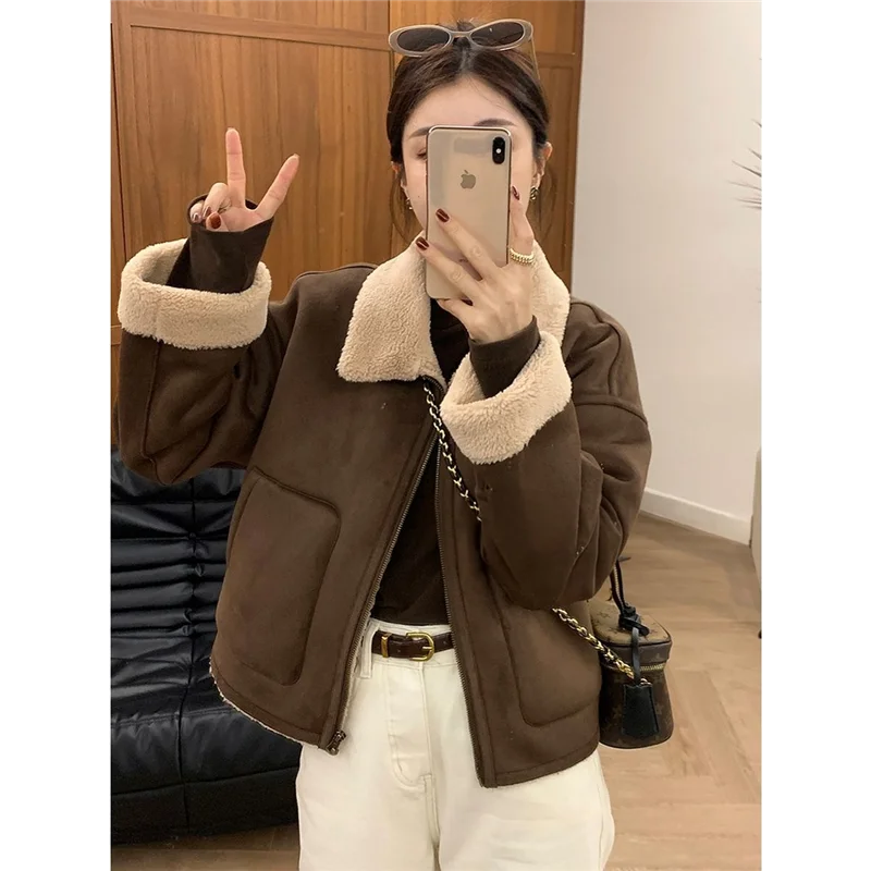

Autumn Winter Thiened Warm Lamb Fur Jaet ort Loose Sle Fce Lined Motorcycle Coat for Small Figures New Arrival