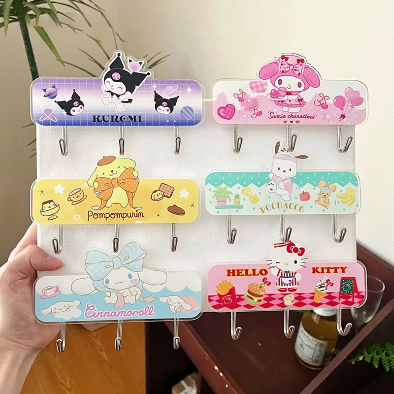 Kawaii Sanrio Multi Row Hook Cinnamoroll Kuromi My Melody Cute Student Bedroom Kitchen Wall No Punching Hook Girls Gifts