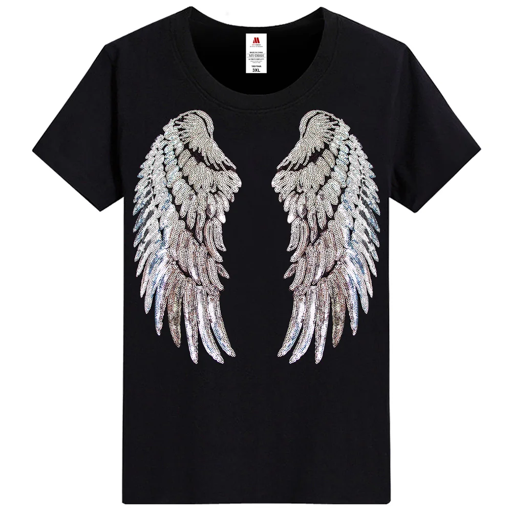 New Fashion Sequin Women Splice T Shirts Casual Angel Wings Man\'s Summer Tops Unisex Embroidery Short Sleeve Sequins T-shirts