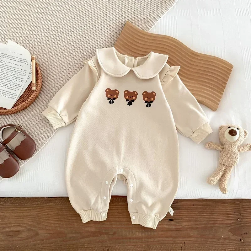 

2023 Autumn Baby Romper 0-2Years Newborn Boy Girl Long Sleeve Peter Pan Collar Cartoon Bear Pattern Cotton Jumpsuit Clothes