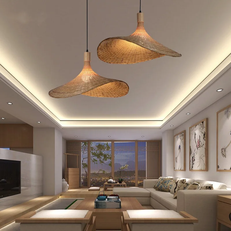

NEW Straw Hat Bamboo Pendant Lights New Chinese Tea Room Zen Southeast Asian Japanese Indoor Lighting Decoration Chandeliers HOT