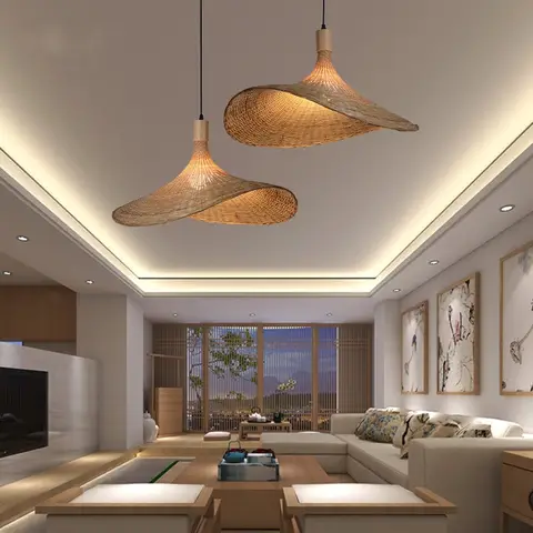 NEW Straw Hat Bamboo Pendant Lights New Chinese Tea Room Zen Southeast Asian Japanese Indoor Lighting Decoration Chandeliers HOT