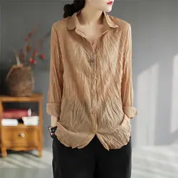 Korean Solid Color Loose Stylish Folds Shirt Spring Autumn Long Sleeve Women's Clothing Single-breasted Casual Polo-Neck Blouse