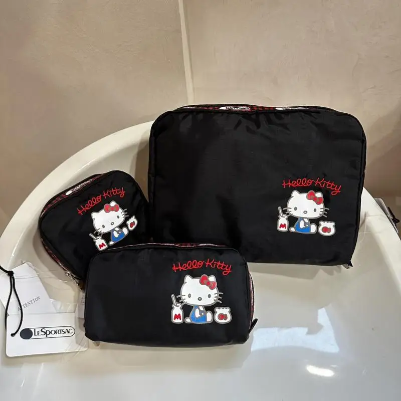 Sanrio Hello Kitty Y2K bolsa de almacenamiento bordada negra, bolsas de maquillaje grandes, medianas y pequeñas, bolsa de aseo portátil, bolsa de almacenamiento de ropa interior