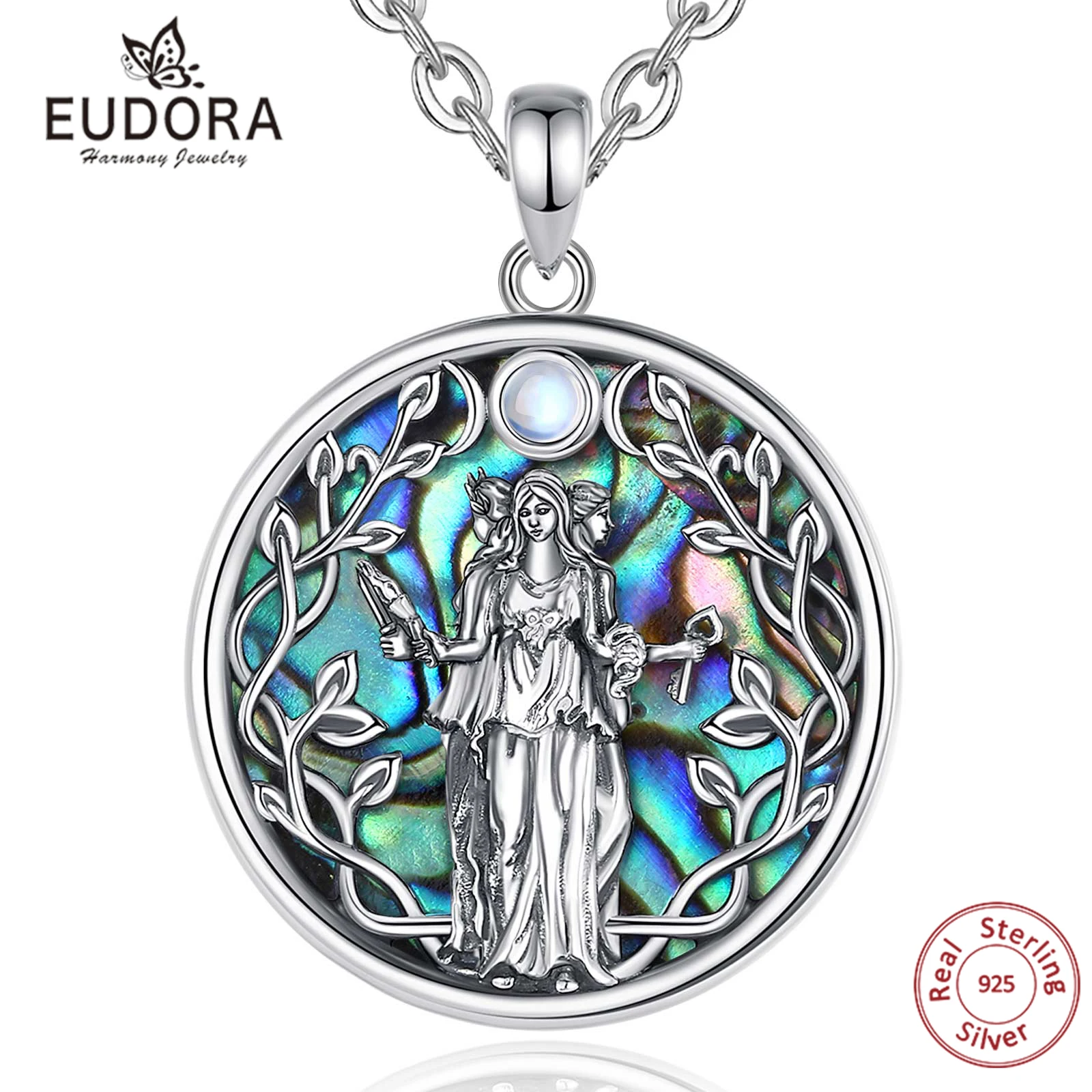 

Eudora 925 Sterling Silver Triple Moon Goddess Necklace for Women Hecate Amulet Pendant Natural Abalone Jewelry Personality Gift