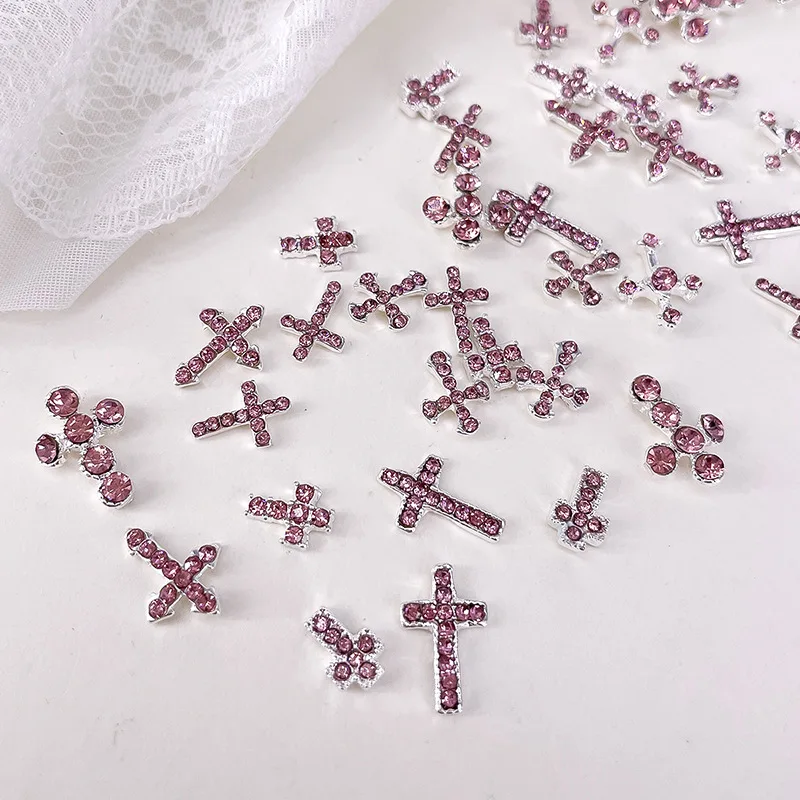 10PCS Punk Sparkle สีชมพูเพชรฝัง CROSS Silver Alloy เล็บ Art Rhinestones ตกแต่งเล็บหวาน Girlish Charms