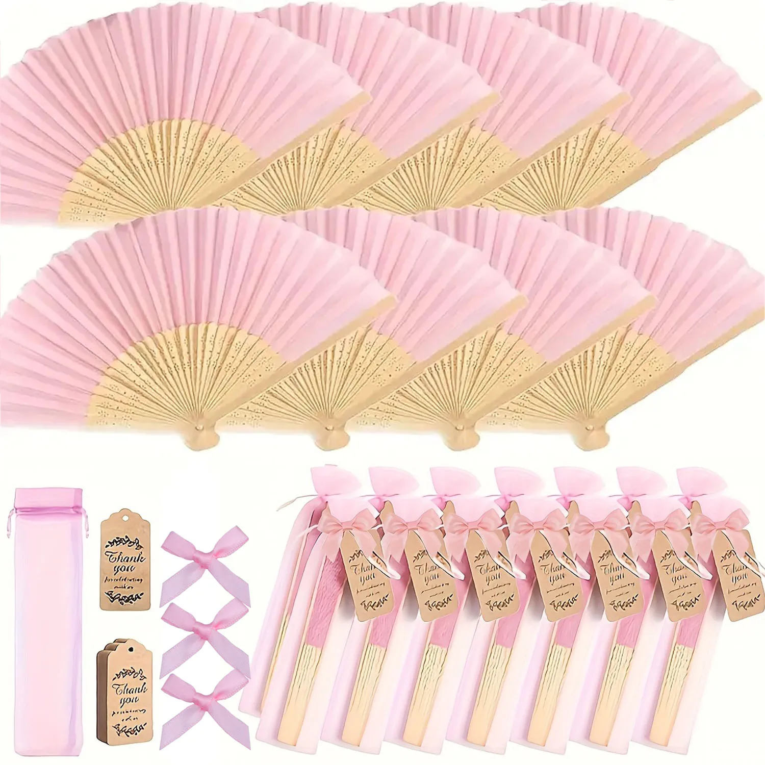 Abanico plegable de madera de seda rosa, juego de tarjetas de agradecimiento con bolsa de regalo, tarjeta de agradecimiento, abanico plegable de mano de bambú para novia, regalo de boda