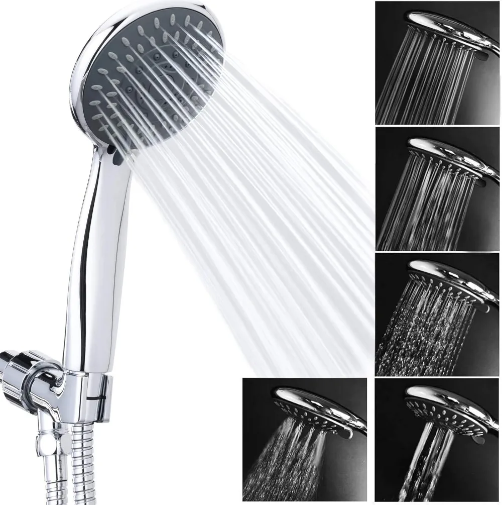 5-Setting High Pressure Handheld Shower Head with 59-Inch Stainless Steel Hose and Adjustable Bracket, Powerful Spray for Low Water Pressure