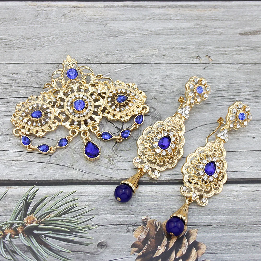 Broche de caftan marrocos dourado, brinco longo de cristal azul, conjunto de joias de noiva para mulheres, flor árabe, bijuterias
