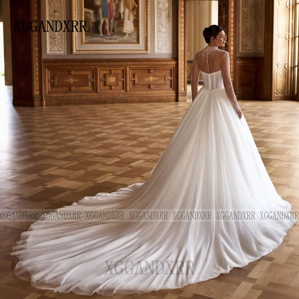 تخصيص ألف خط طويل الأكمام تول فستان الزفاف 2026 فاخر بدون حمالات الديكور الترتر فستان زفاف انفصال سترة العروس ثوب #3