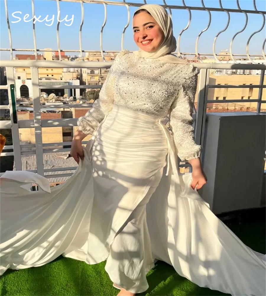 Luxo árabe dubai vestidos de casamento com overskirt trem elegante vestido de noiva muçulmano lantejoulas manga longa noiva turca personalizado