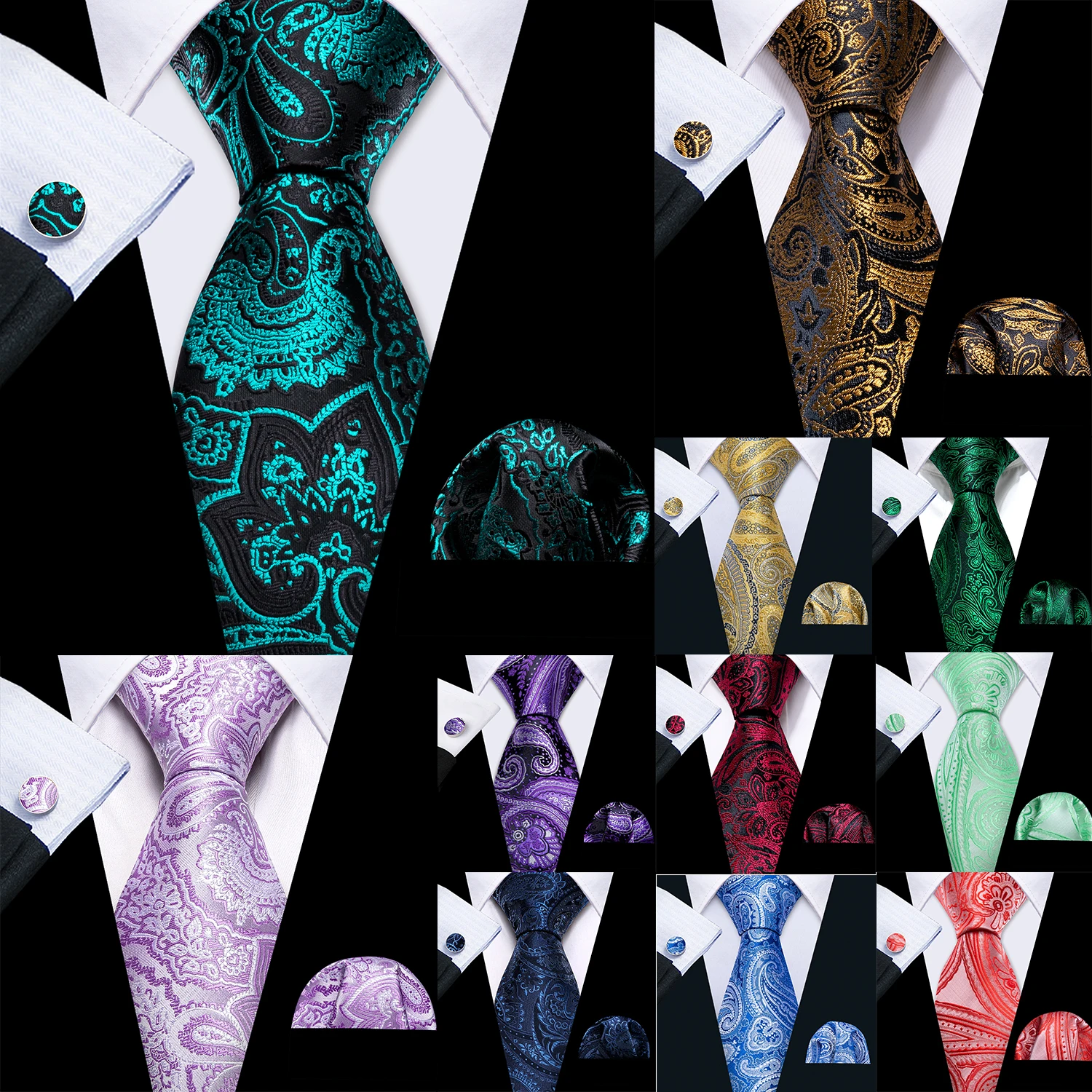 Barry.Wang Jacquard Paisley Floral Silk Mens Tie Pocket Square Cufflinks Set 20 Colors Necktie for Male Wedding Party Business