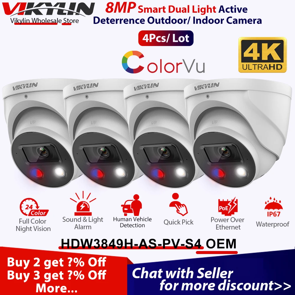 Vikylin 8MP 4K IP Camera WizSense For DH IPC-HDW3849H-AS-PV-S4 OEM Full Color Alarm Quick Pick Outdoor Security Camera SD 4PCS