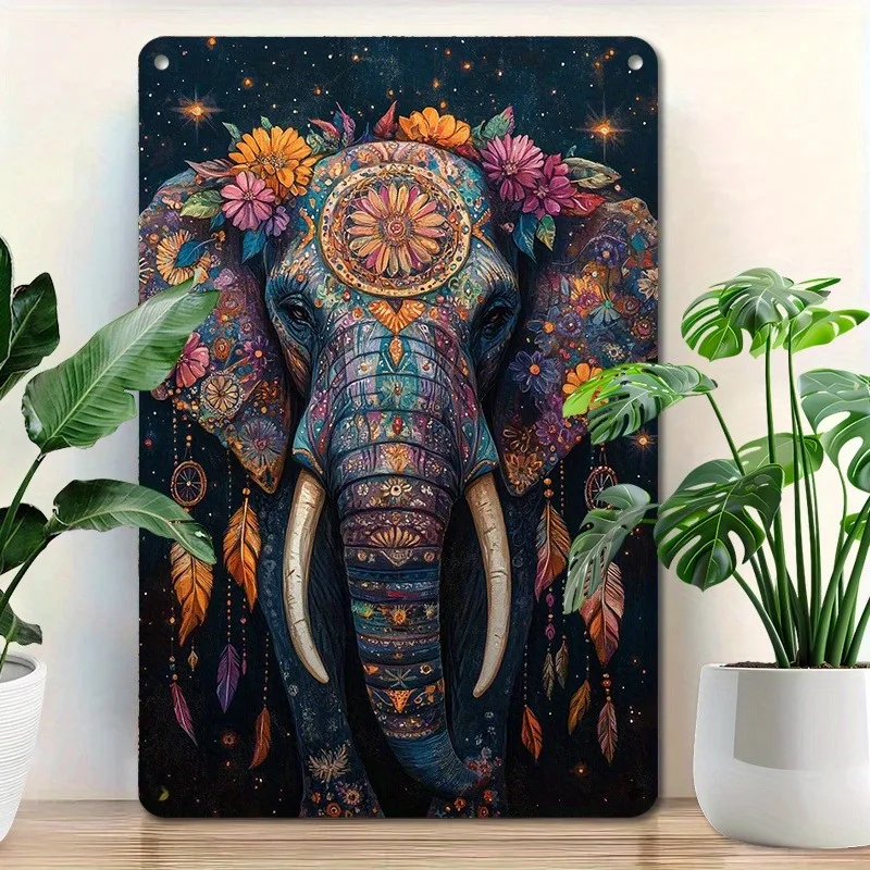 

Alluring Elephant - Motif Aluminum Metal Wall Decor with Dream - Catcher and Feather Elements, Great for Boho, Decorative Poster