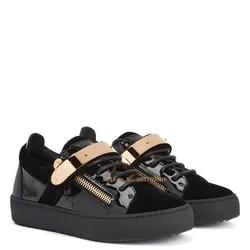 Black Suede Leather Gold Buckle Lace Up Sneakers Unisex Size Hook Loop Flats Platform Casual Shoes Low Top Female Shoe Size 47