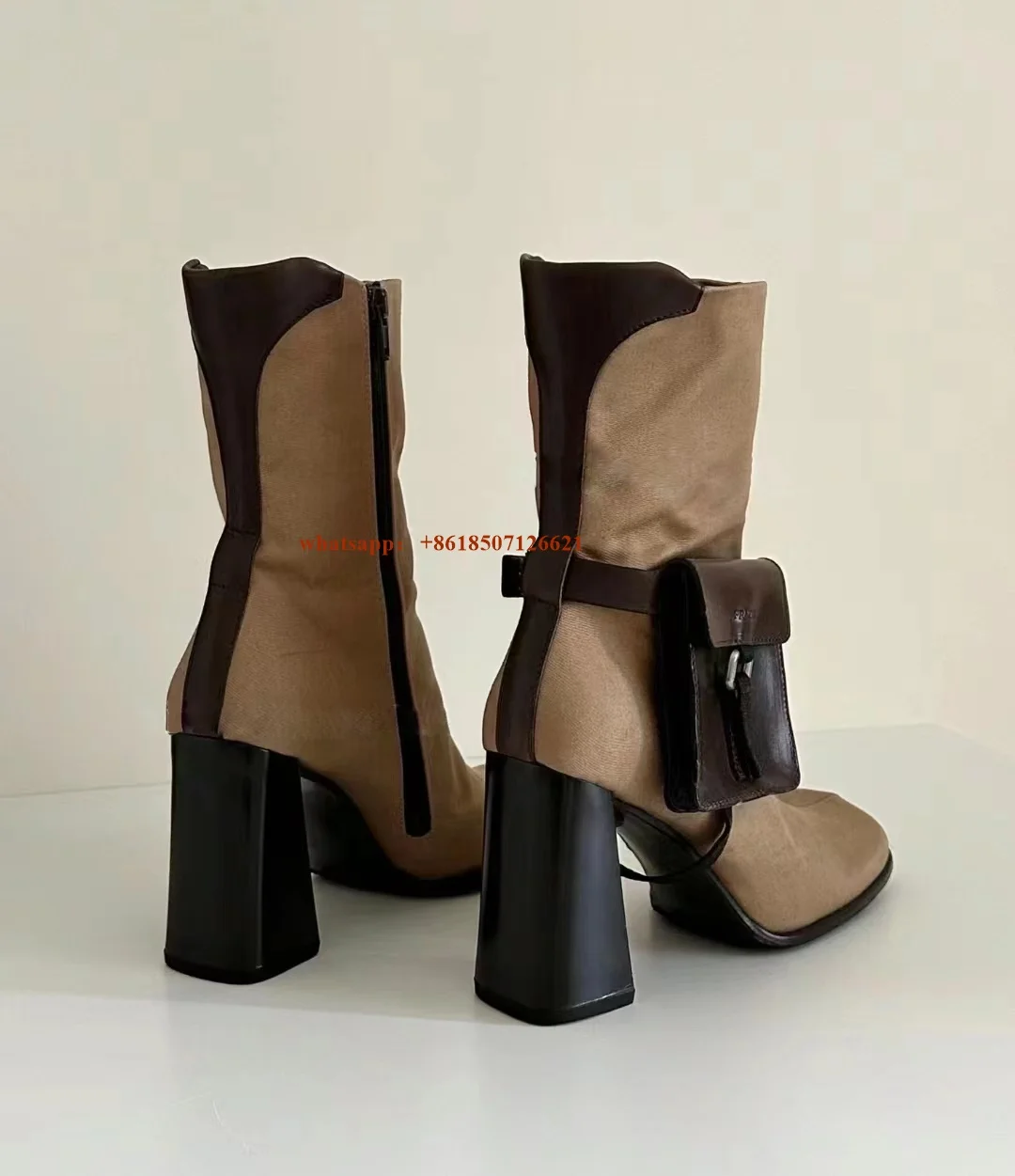 High-Heeled Short Boots For Women Thick Heel New Square Toe Suede Pocket Decorated Mid-Calf Boots