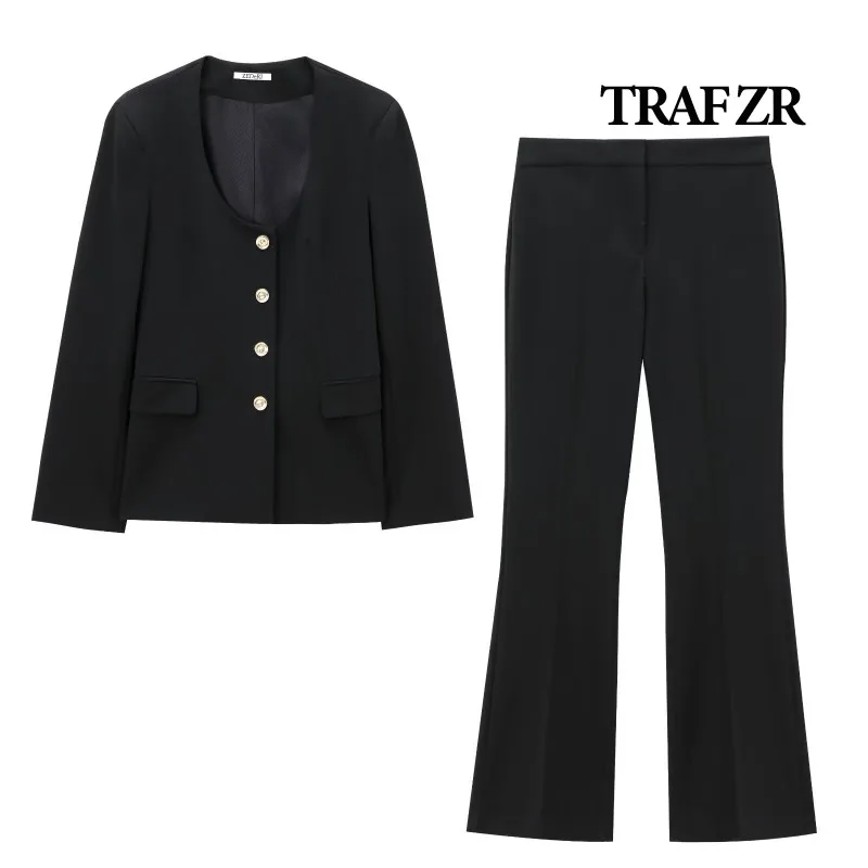 TRAF ZR Suits Set 2 Elegant Pieces Autumn Outfits Elegant Casual Women's Set Basics Long Sleeve Sets Black Flare Pants Sets