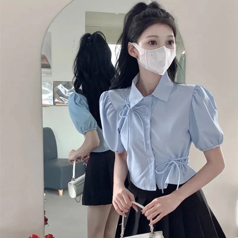 Blue Shirt Women Bowknot Drawstring Lantern Sleeve Turn-Down Collar Blouses Single Breasted Slim Office Lady Sexy Cropped Tops