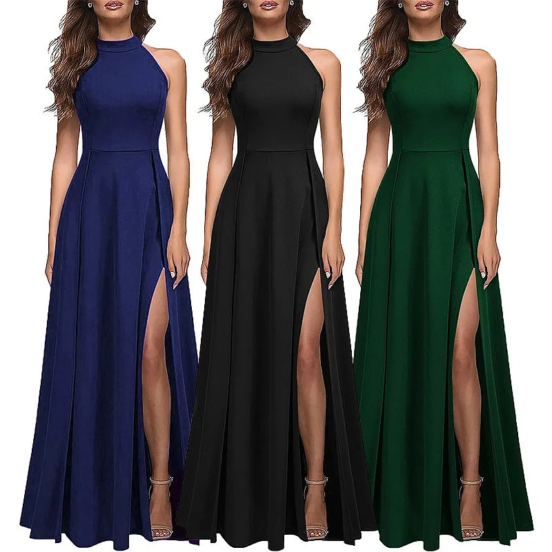 Elegant Halter Neck Dress with High Slit Evening Gown Dresses Jumpsuit Playsuit Matching Set Spring Summer
