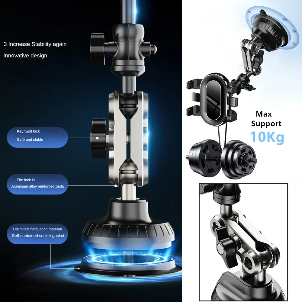 Supporto professionale per telefono per auto Forte aspirazione e morsetto stabile Braccio in metallo 360 °   Supporto per telefono da auto regolabile specifica per fotocamera