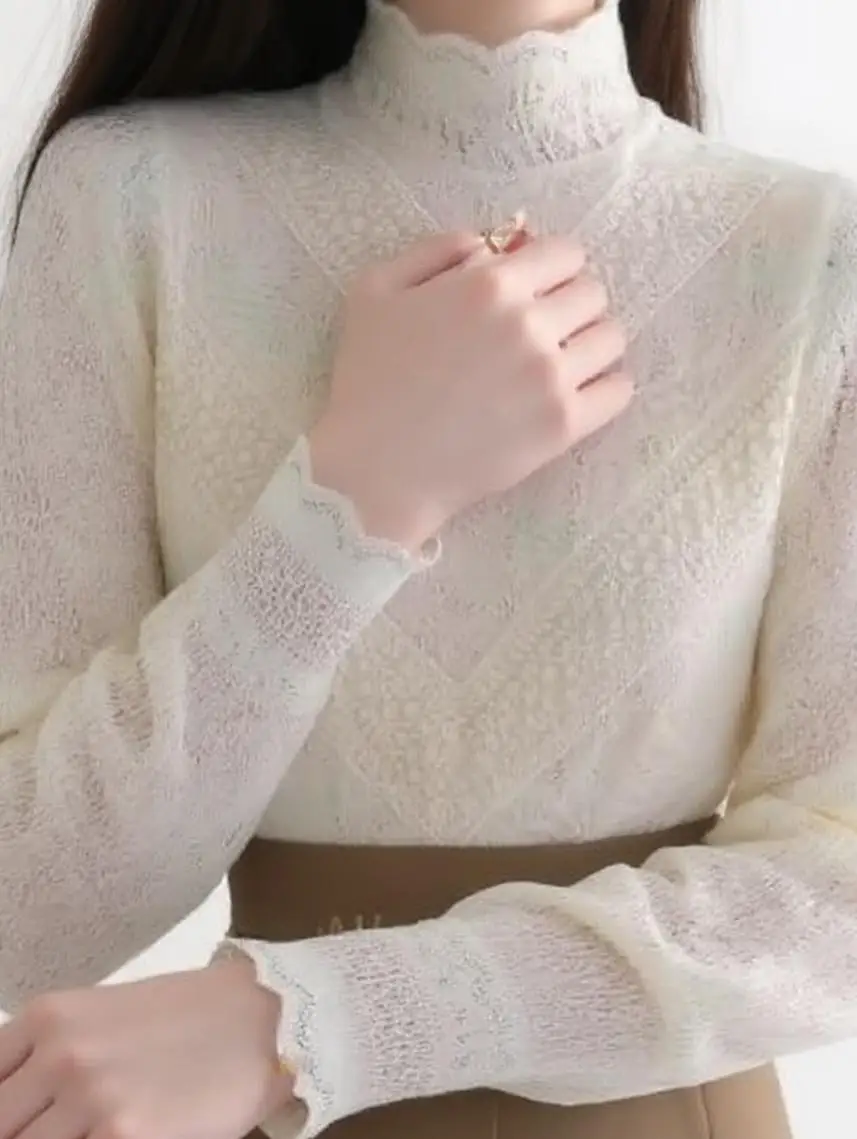 

Blouses Women Lace-adorned Half-high Slim Tailored French-inspired Solid Spring Autumn Graceful Timeless Poised Chic Tops