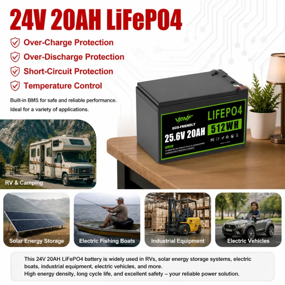 24V 20AH LiFePO4 Battery Deep Cycle Rechargeable Lithium Iron Phosphate for Fish Finder Sprayer Solar Storage Off Grid Power