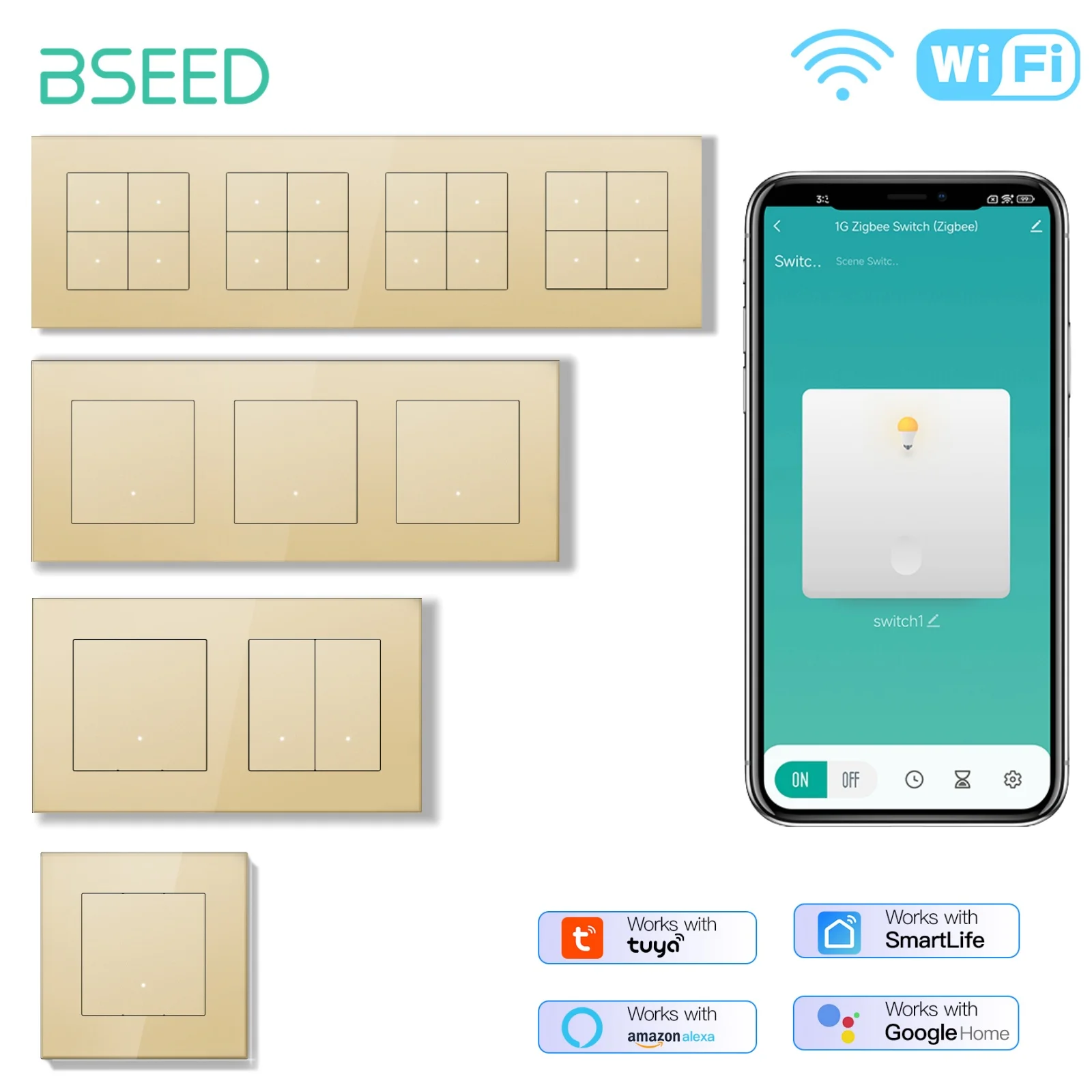 

BSEED WIFI Click Switches Series 1/2/3/4Gang Настенные умные выключатели света Желтая подсветка Стеклянная рамка для Tuya APP Стандарт ЕС
