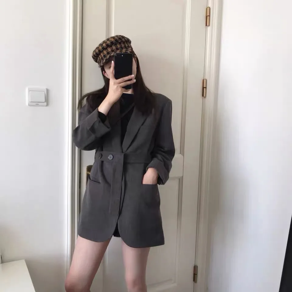 2024 autumn and winter new Korean version dark gray blazer women's retro Hepburn style casual lapel small suit