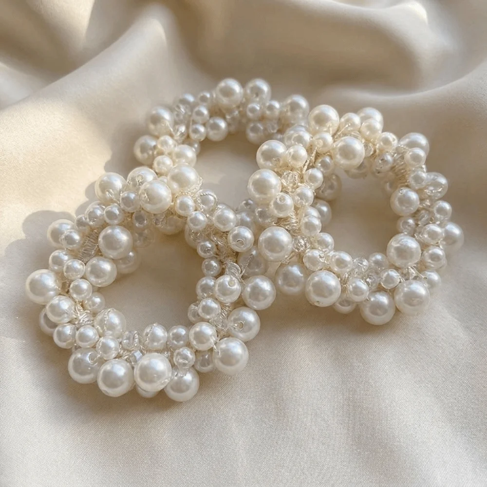 Decorative Sweet Faux Pearl Hair Ties Hand-Woven Beaded Elastic Hair Rope 2 in 1 Elegant Ponytail Holders All Match