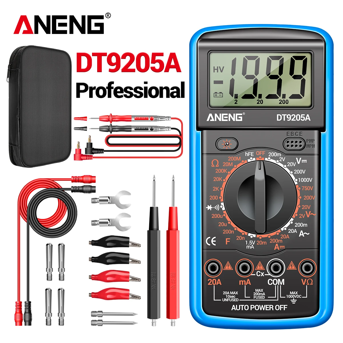 Professioneller Multimeter-Tester ANENG 1999, zählt digital DT9205A-12 AC-Spannungssonden, hochpräzise Elektriker-Mechaniker-Werkzeuge
