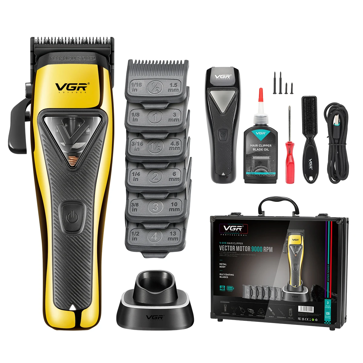 VGR V-015 DLC Blade Vector Motor 9000 rpm Haircut Charging Professional Men's Haircut Fader